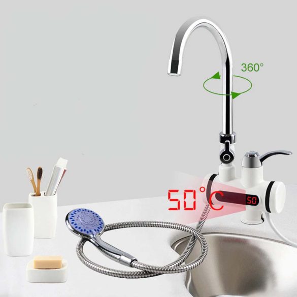 LED kijelzős vízmelegítő csaptelep -fali, vízszintes csatlakozás, tusrózsával