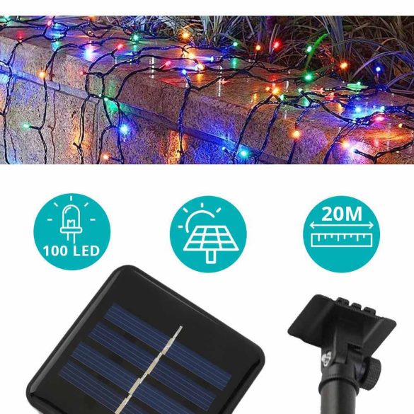 100 LED-es napelemes kerti fényfüzér-20 méteres-színes