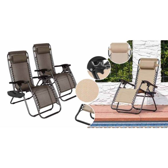 Zéró gravitáció kerti szék ajándék pohártartóval, 2 db-barna