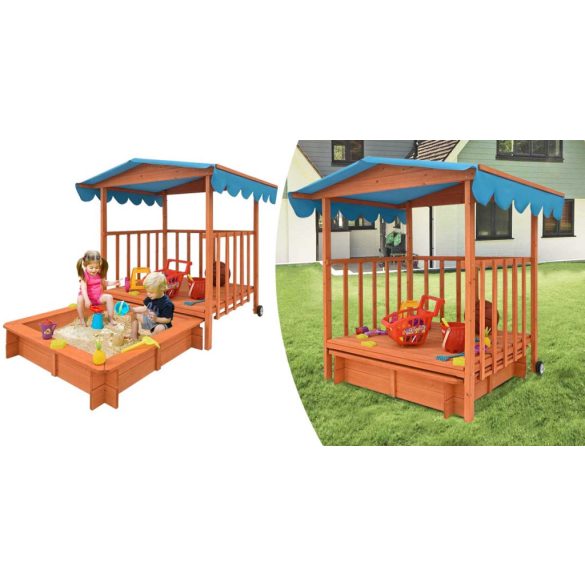 Fa játszóház homokozóval és árnyékoló tetővel