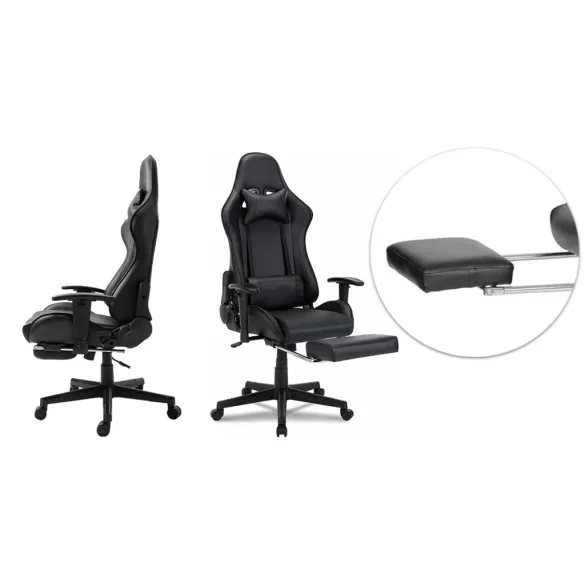 Gamer szék lábtartóval, fekete