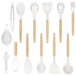 14 darabos konyhai eszközkészlet, hőálló szilikon fejjel, tartóval, fehér