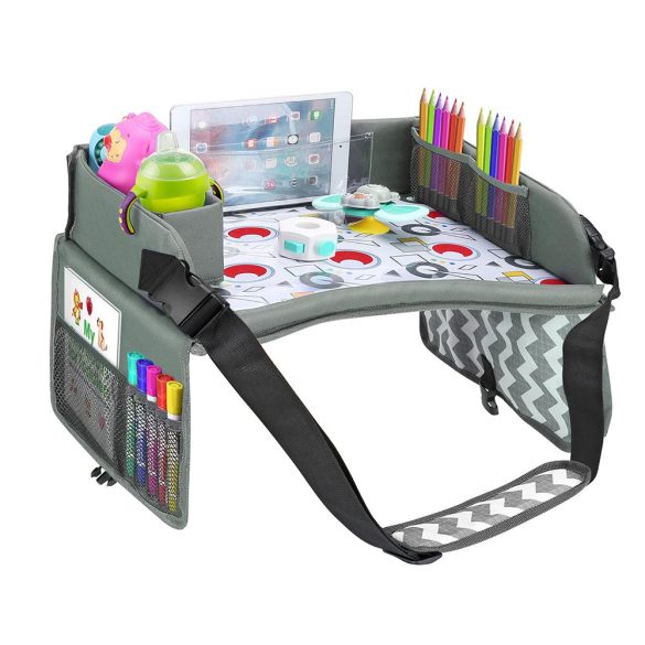 Hordozható gyerekasztal autóba, zsebekkel, szürke