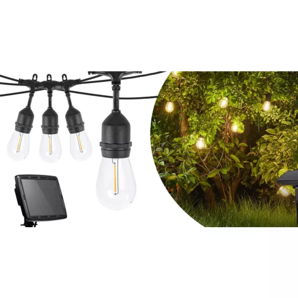 Kültéri szolár dekor égősor, 15 db E27 LED lámpával, 15m