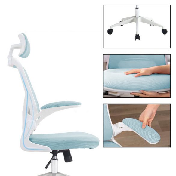 Ergonomikus irodai szék deréktámasszal, fejtámlával, világoskék 