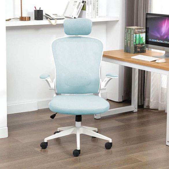 Ergonomikus irodai szék deréktámasszal, fejtámlával, világoskék 