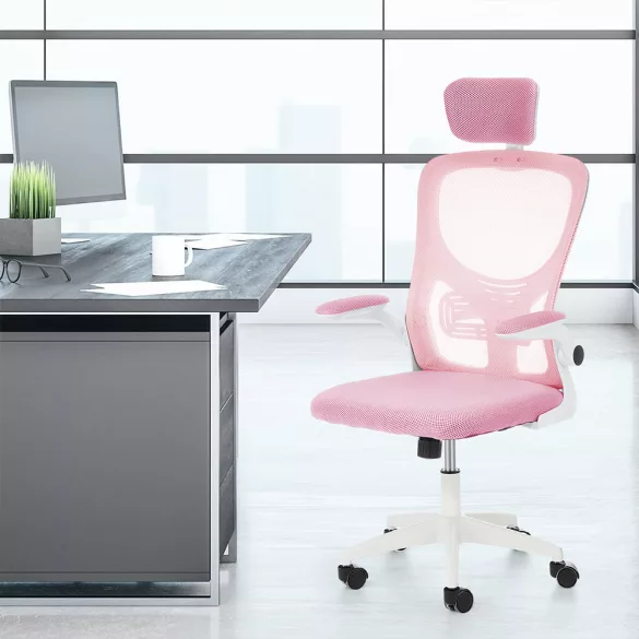 Ergonomikus irodai szék deréktámasszal, fejtámlával, rózsaszín
